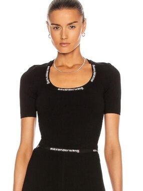 Alexander Wang Black Short Sleeve Scoop Neck Logo Trim Top